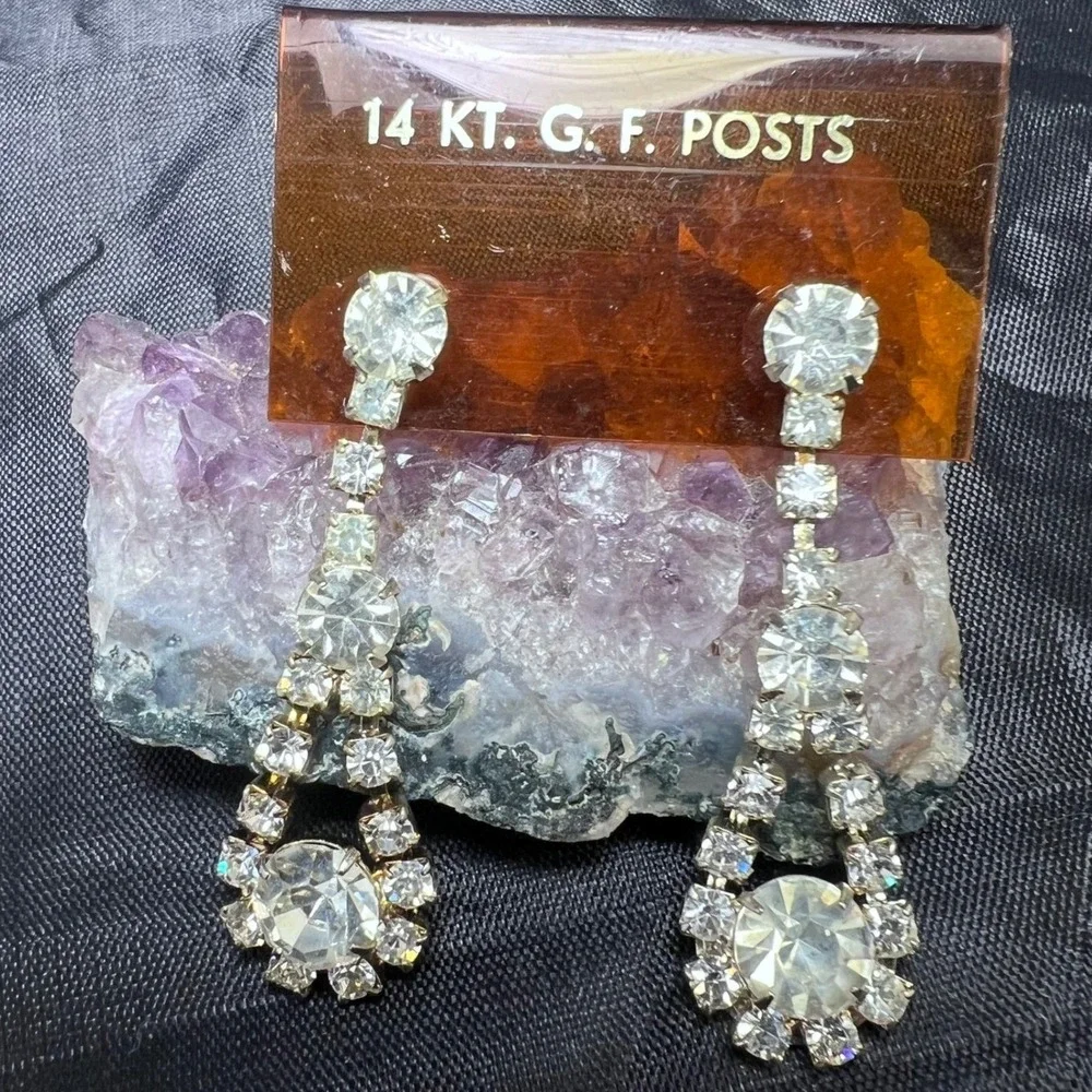 Vtg Rhinestone Dangle Earrings 14KT GF Posts 1.75